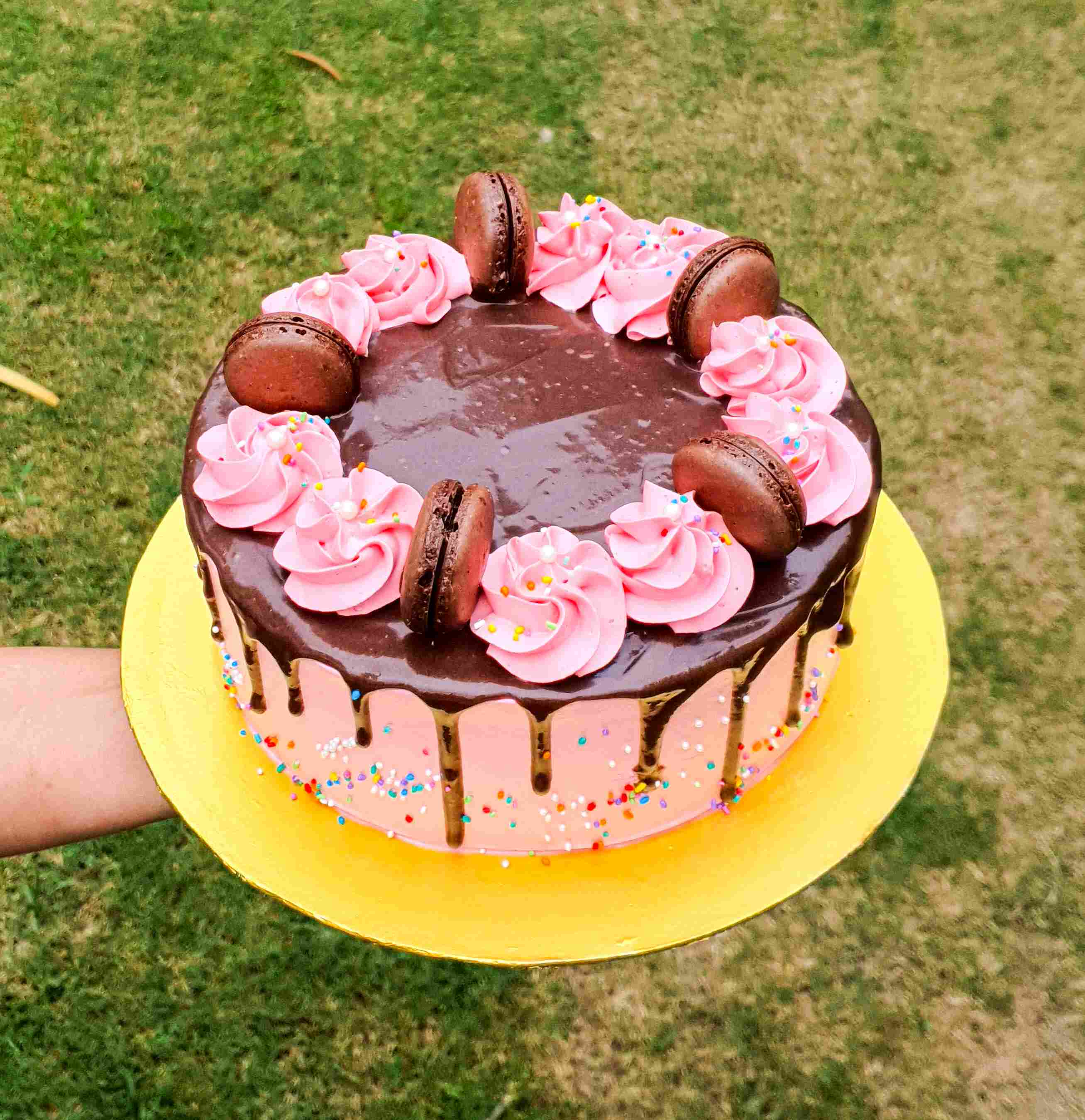 Pink Chocolate Cake with Chocolate Macarons and cream swirls